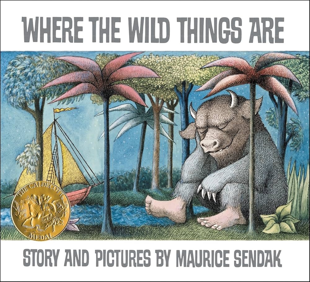 The image features the cover of "Where the Wild Things Are" by Maurice Sendak, showcasing a wild creature in a whimsical landscape.