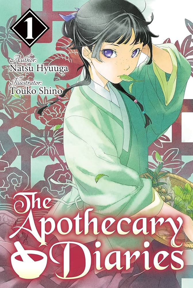 The image is a cover for "The Apothecary Diaries" manga, featuring a young girl in traditional attire and herbal elements.