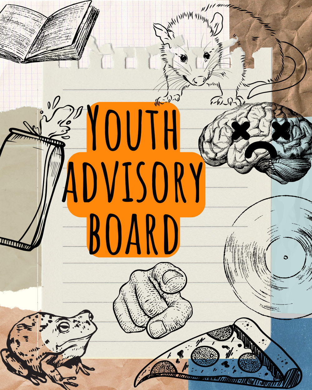 Collage-style image with text "YOUTH ADVISORY BOARD", an opossum, brain, pointing hand, frog, books, spilled mug, vinyl record, and pizza slice.