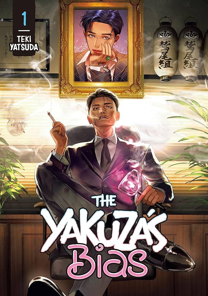 The image features the cover of "The Yakuza's Bias," showcasing two characters in a stylish, atmospheric setting.