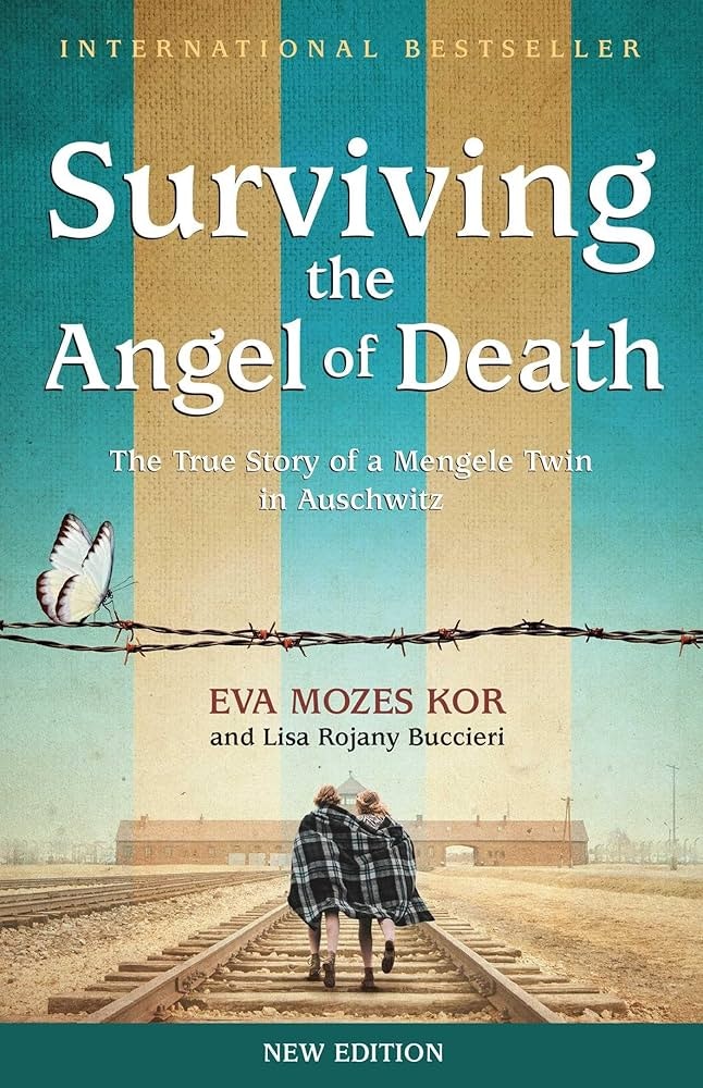 The image is the cover of "Surviving the Angel of Death," a memoir about a Mengele twin's experiences in Auschwitz.