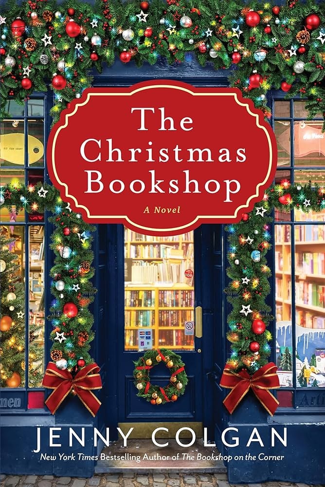 Book cover: "The Christmas Bookshop" by Jenny Colgan. Festive decorations frame a shop entrance.