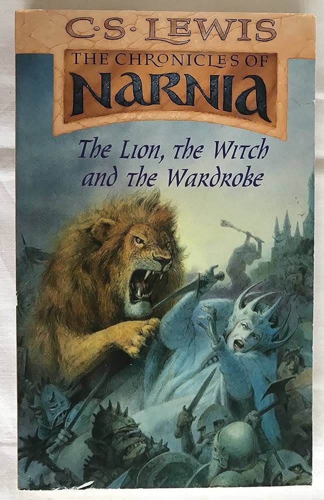 The image shows the cover of "The Lion, the Witch and the Wardrobe" from C.S. Lewis's Chronicles of Narnia, featuring a lion and a witch.
