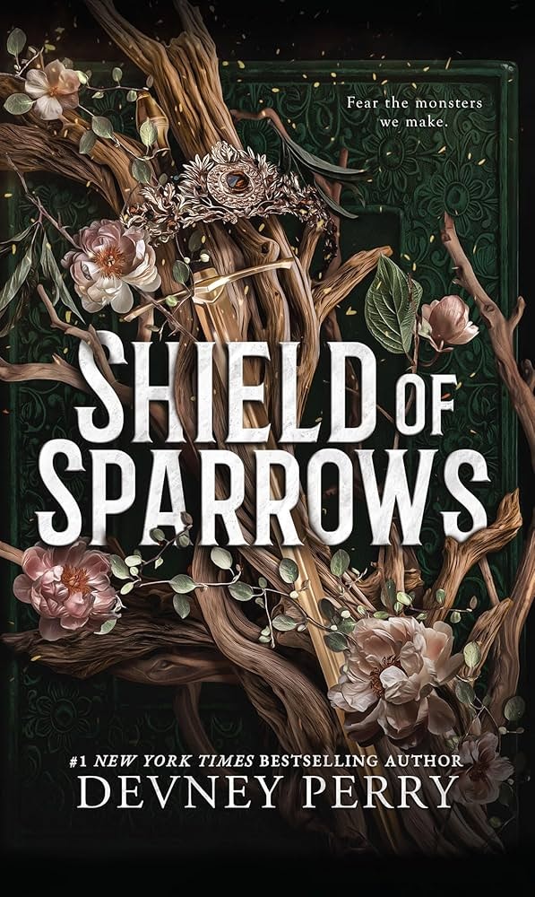 The image features the cover of "Shield of Sparrows" by Devney Perry, highlighting decorative elements and a quote about fear.
