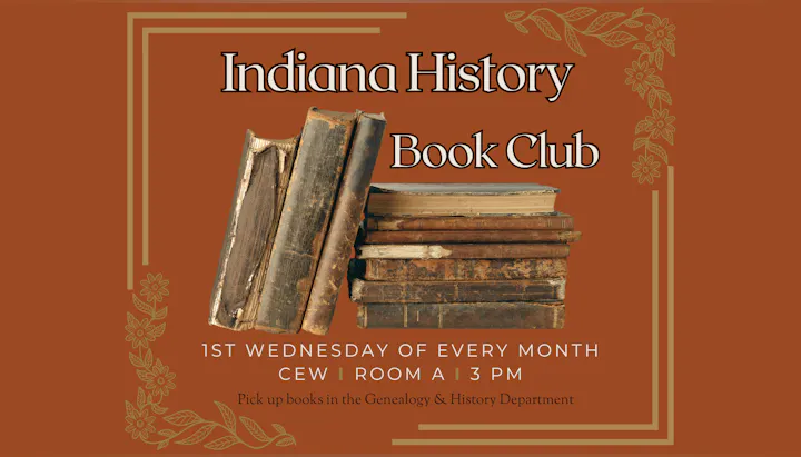 Indiana History Book Club meeting details with old books and floral border.