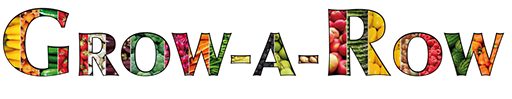 Colorful text "Grow-a-Row" with fruit and vegetable patterns.