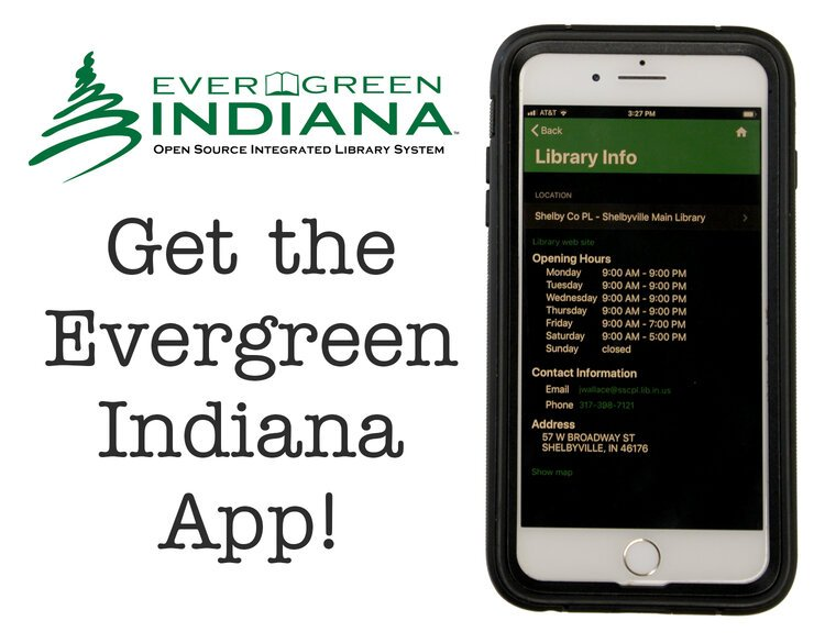 An advertisement for the Evergreen Indiana app displayed on a smartphone, with library information shown on the screen.