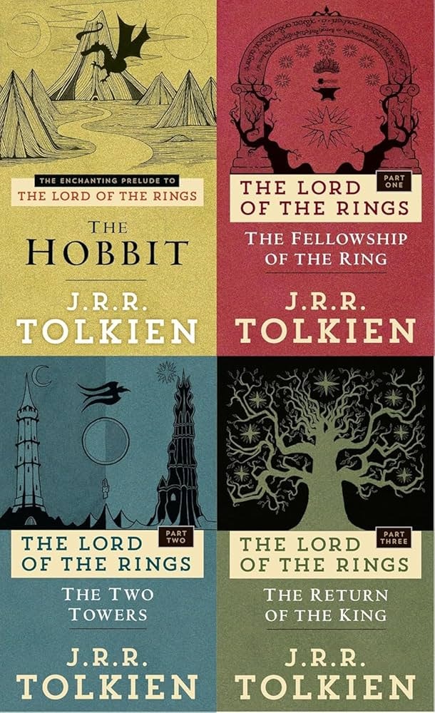 The image features the book covers of J.R.R. Tolkien's "The Hobbit" and "The Lord of the Rings" trilogy.