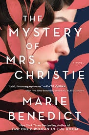 Book cover: "The Mystery of Mrs. Christie" by Marie Benedict, with a side profile of a woman set against a floral pattern background.