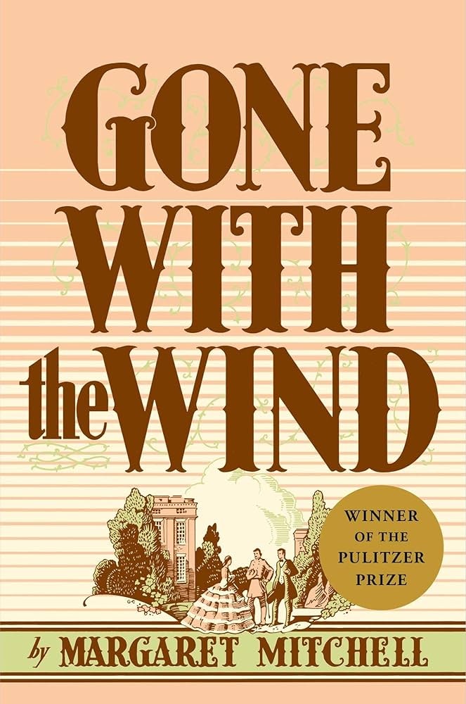 The image features the book "Gone With the Wind" by Margaret Mitchell, noted as a Pulitzer Prize winner.