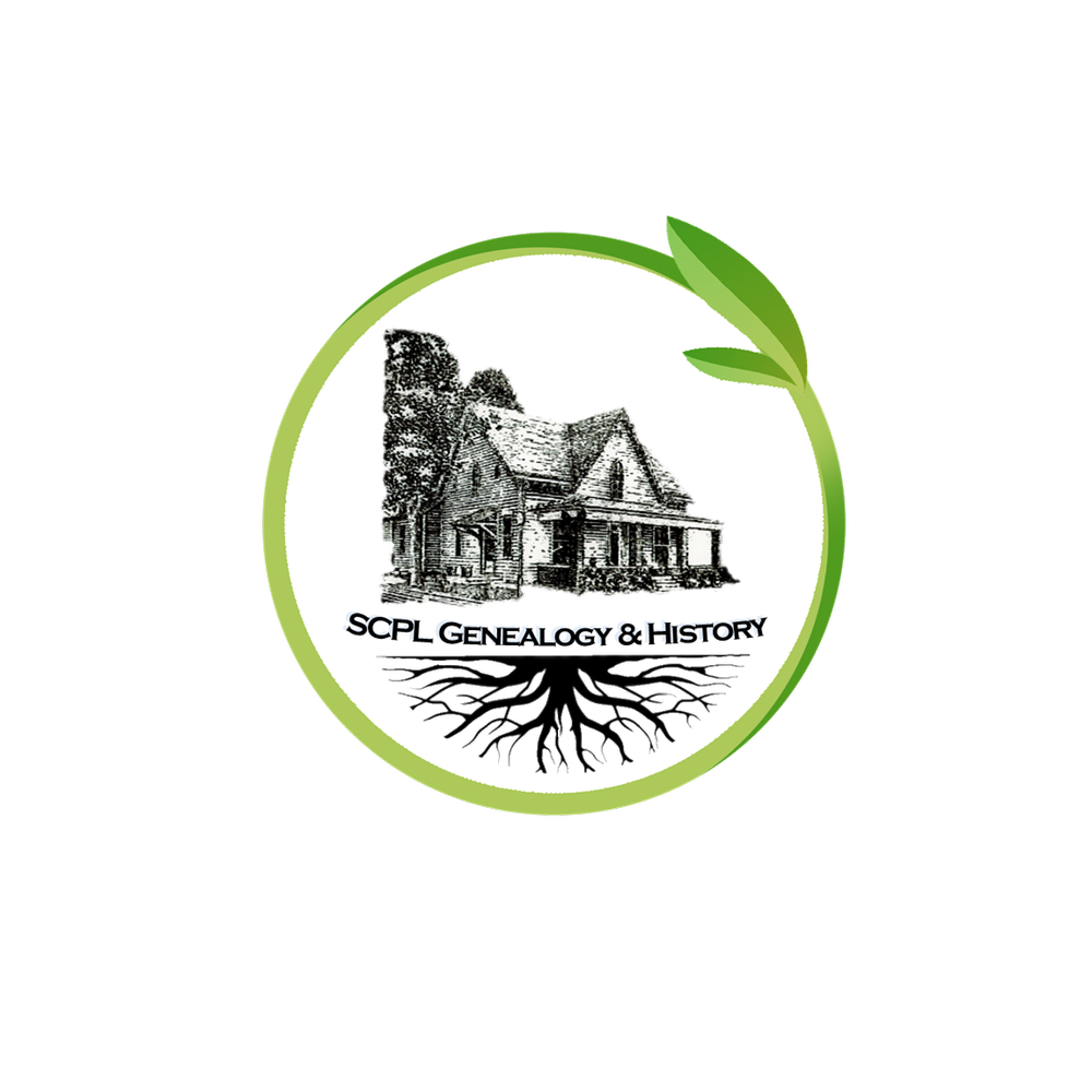 A logo with a house, tree roots, "SCPL Genealogy & History" text, and a green circular border with leaves.