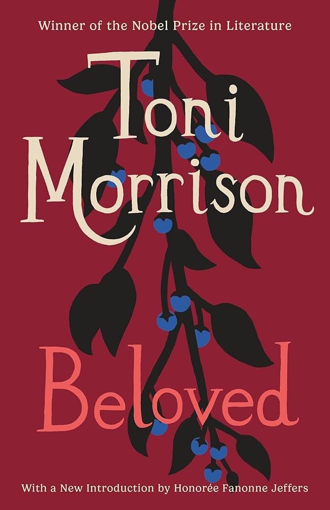 The image features the book cover of "Beloved" by Toni Morrison, noted for winning the Nobel Prize in Literature.