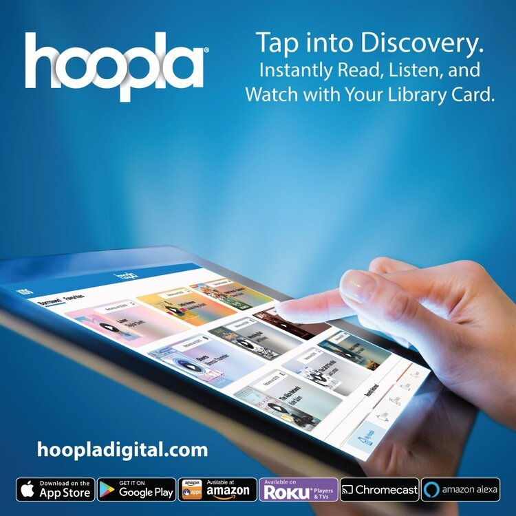 Ad for Hoopla, showing a hand using the app on a tablet with various media content displayed.