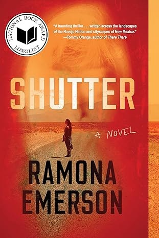 The cover of "Shutter" by Ramona Emerson, featuring a longlist badge and a silhouette of a person on a reddish background.