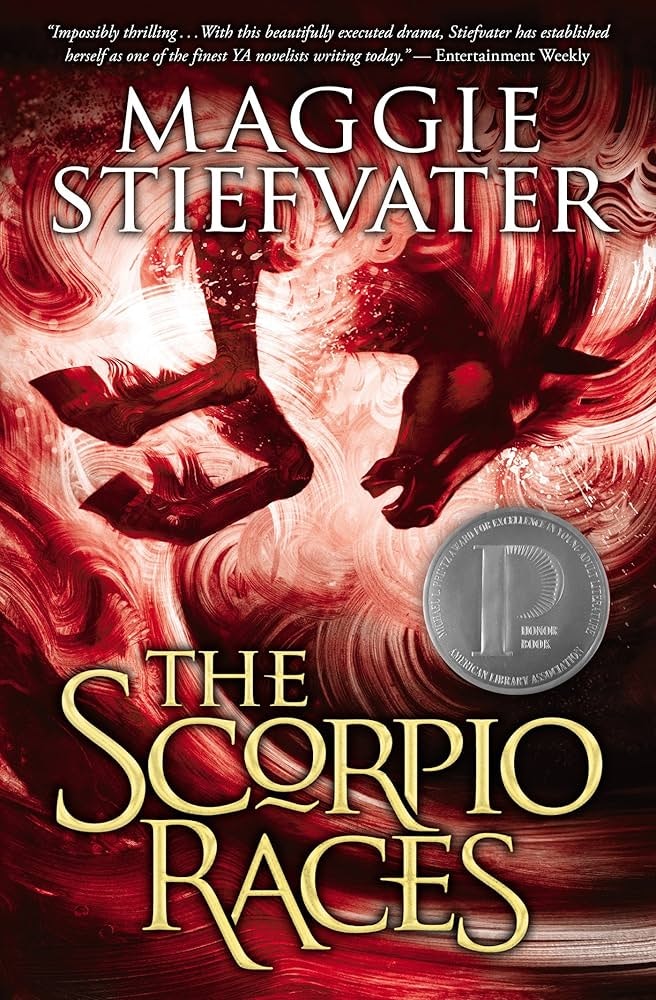 The image features the book cover of "The Scorpio Races" by Maggie Stiefvater, showcasing a dramatic design and award recognition.