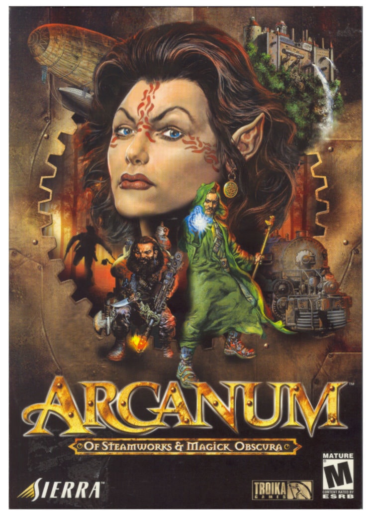 The image features the cover art for the game "Arcanum: Of Steamworks and Magick Obscura," showcasing fantasy elements and characters.