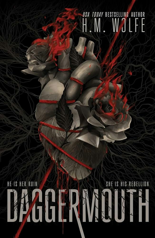 The image features the cover of "Daggermouth" by H.M. Wolfe, showcasing a heart entwined with roses and dramatic red accents.