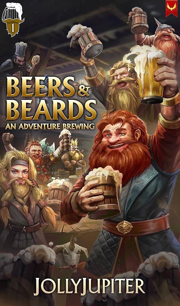 The image features a fantasy-themed artwork titled "Beers & Beards," showcasing characters enjoying drinks in a lively setting.