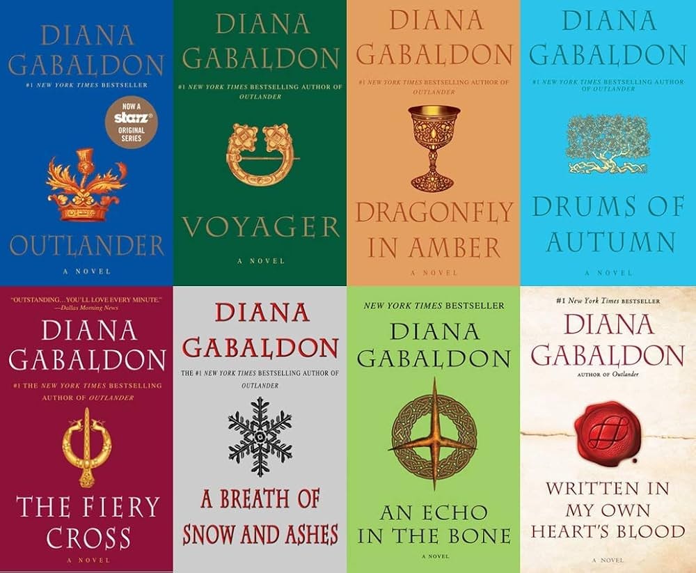 Book covers of Diana Gabaldon's "Outlander" series: Outlander, Voyager, Dragonfly in Amber, Drums of Autumn, etc.