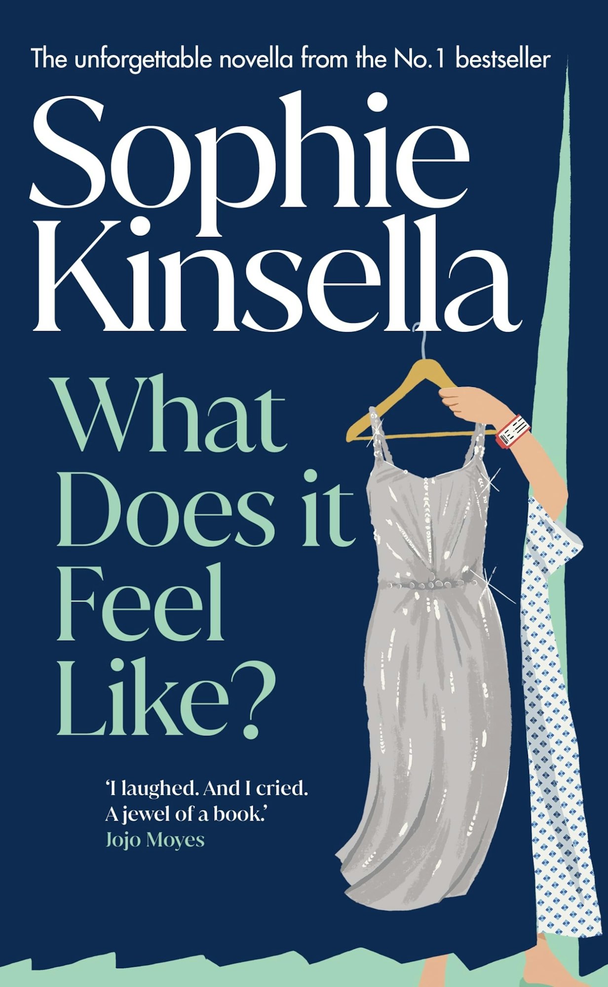 Book cover of "What Does it Feel Like?" by Sophie Kinsella; features a person holding a dress on a hanger.