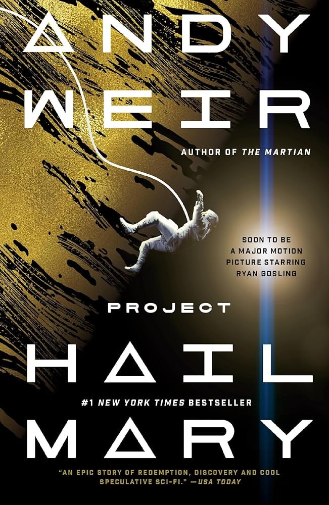The image features the book cover of "Project Hail Mary" by Andy Weir, highlighting its bestselling status and upcoming film adaptation.