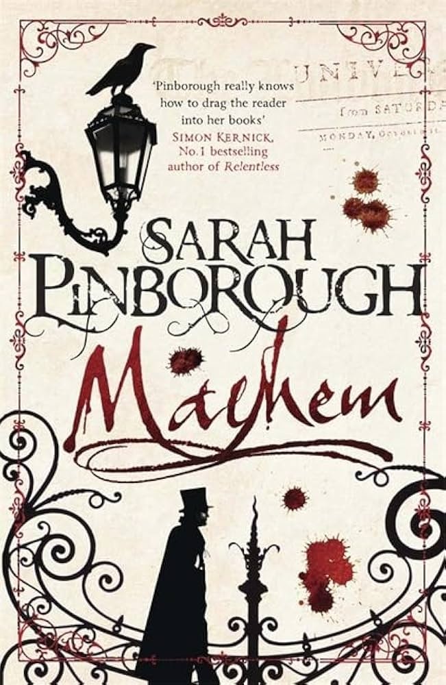 The image is the cover of "Mayhem" by Sarah Pinborough, featuring a silhouette and decorative elements with a gothic theme.