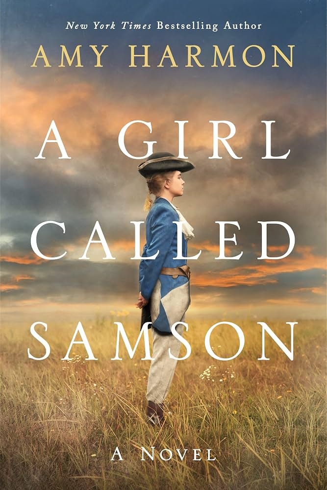 The image features the book cover of "A Girl Called Samson" by Amy Harmon, showcasing a girl in period attire against a dramatic sky.
