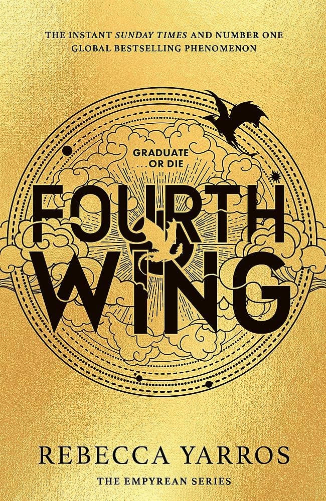 Cover of "Fourth Wing" by Rebecca Yarros, featuring a gold background with a dragon silhouette.