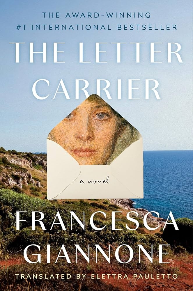The image features the book cover of "The Letter Carrier," a novel by Francesca Giannone, highlighted as a bestseller.