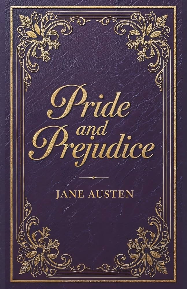 The image features a decorative book cover of "Pride and Prejudice" by Jane Austen with a purple background and golden lettering.