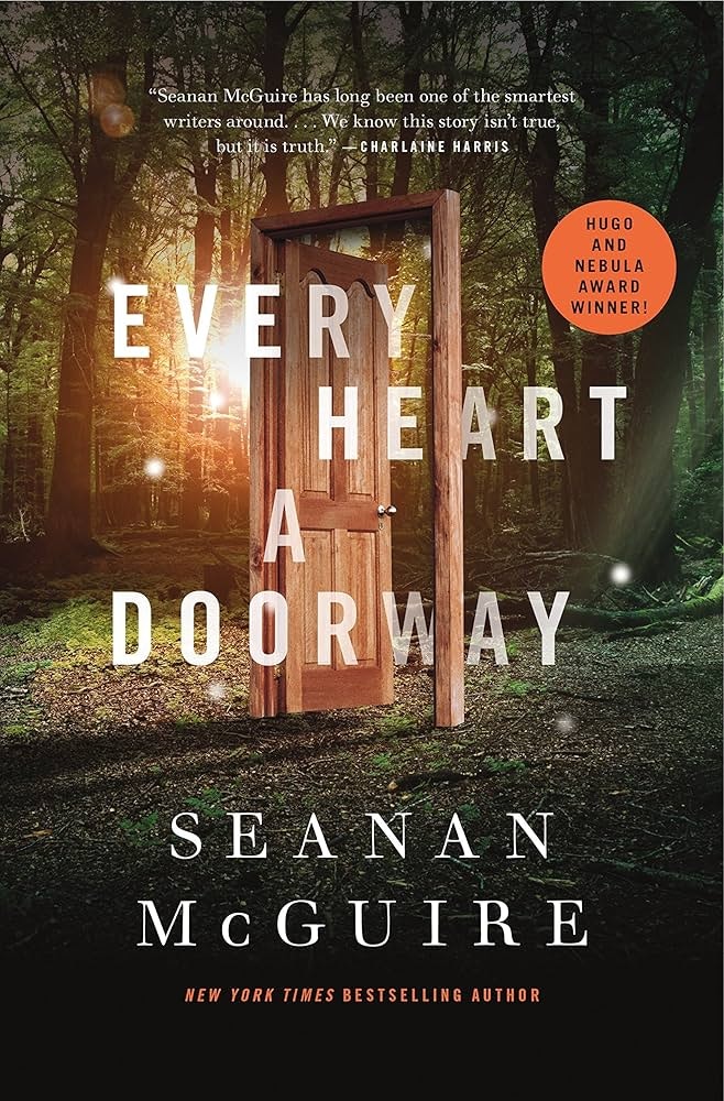The image features the book "Every Heart a Doorway" by Seanan McGuire, highlighting its fantasy themes and award recognition.
