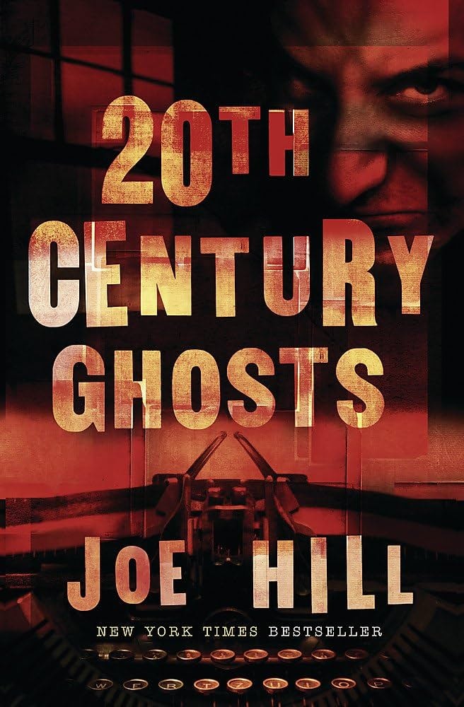 The image features the book cover for "20th Century Ghosts" by Joe Hill, showcasing a typewriter with a dark, eerie background.