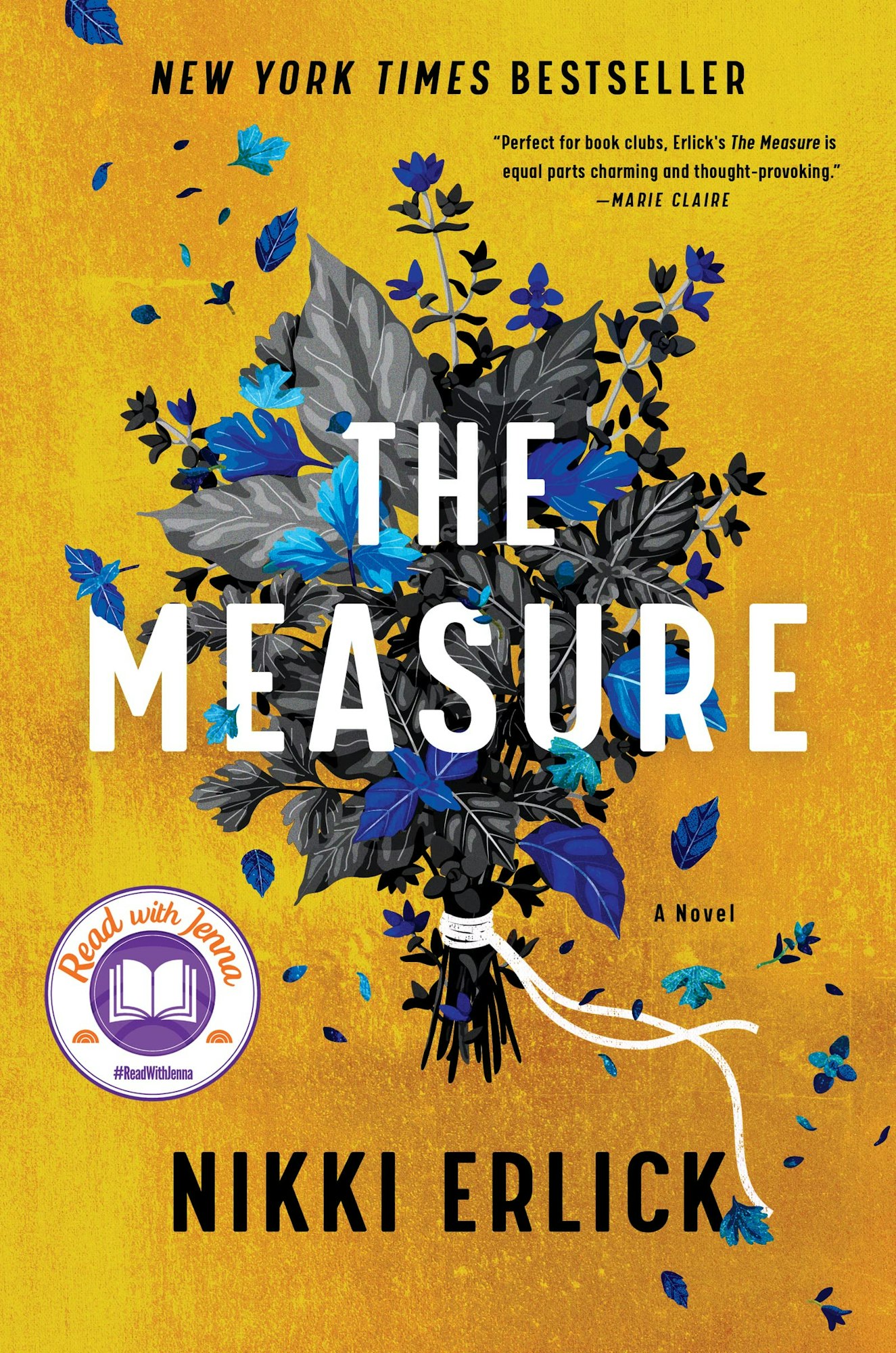 Book cover of "The Measure" by Nikki Erlick, featuring blue and black flowers on a yellow background.