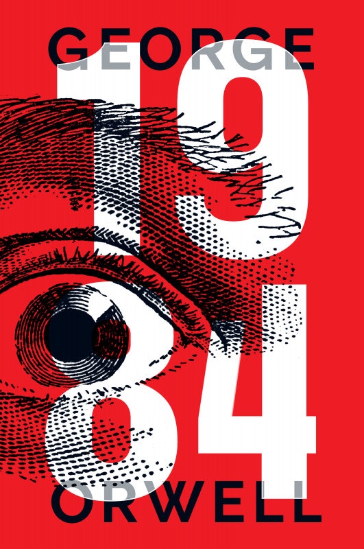 The image features the book cover of George Orwell's "1984," showcasing an eye graphic against a red background.