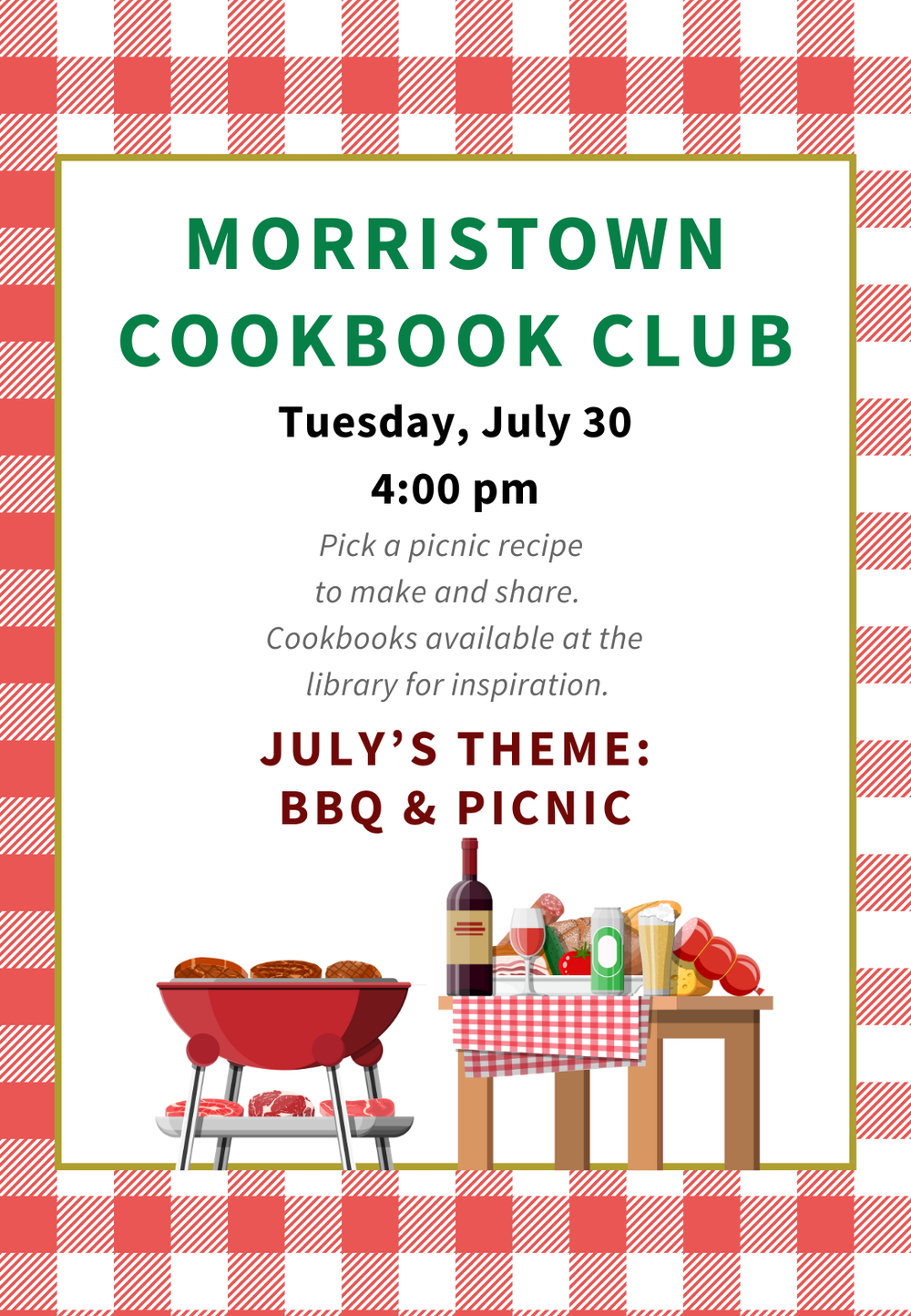 A flyer for Morristown Cookbook Club's BBQ & Picnic themed meeting on July 30 at 4:00 pm with images of a grill and picnic table.