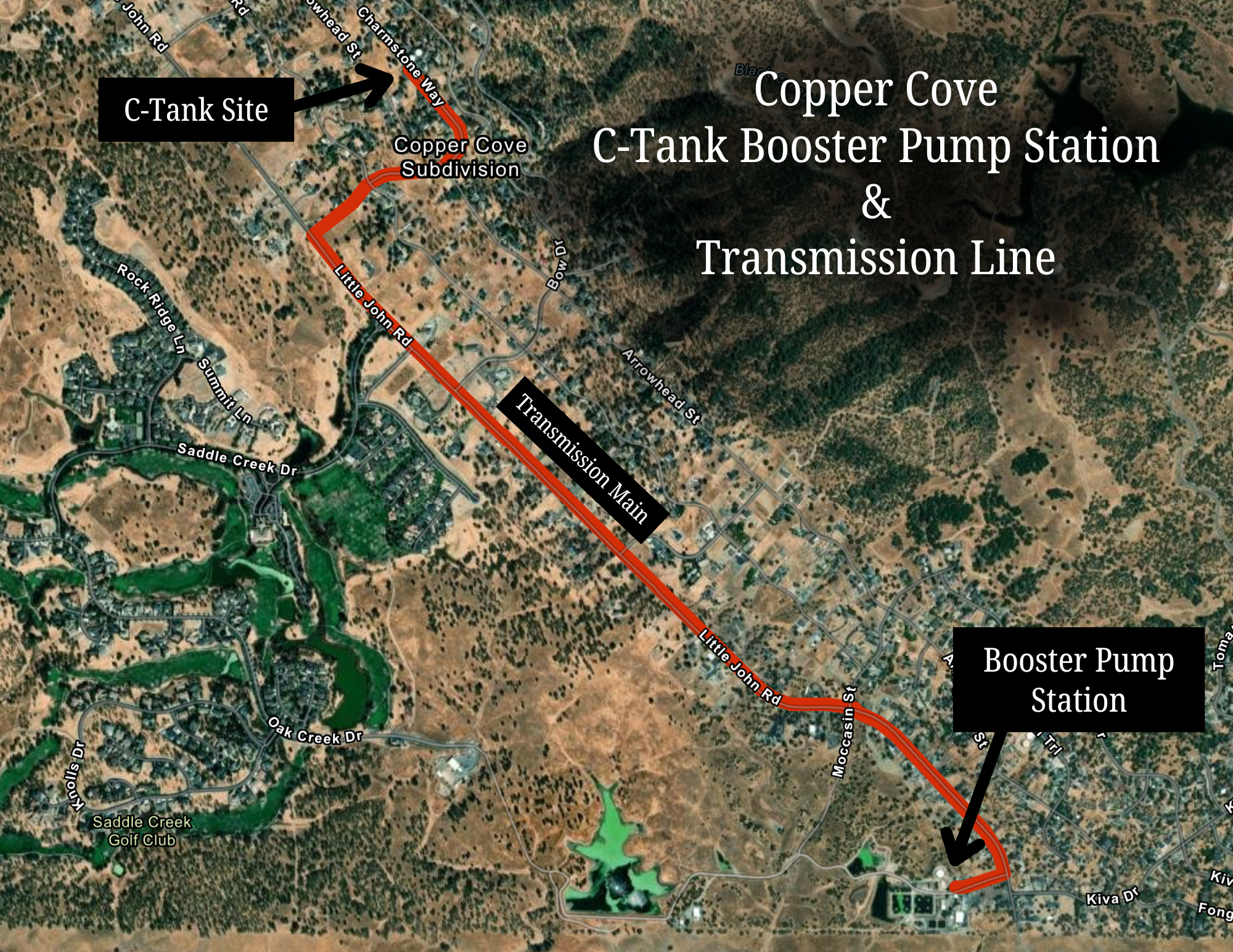 Map showing Copper Cove with a C-Tank Booster Pump Station, Transmission Line, and marked sites like Little John Rd and Saddle Creek Golf Club.