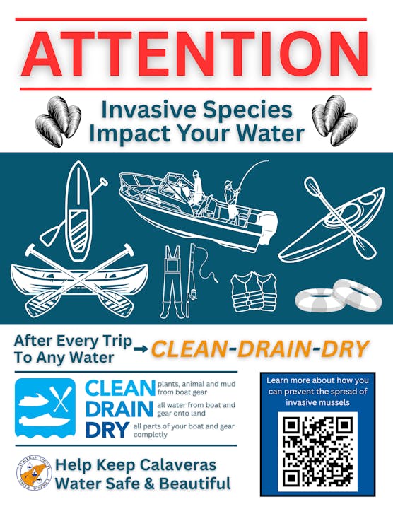 Warning about invasive species in water. Promotes "Clean-Drain-Dry" for prevention. Includes images of boats and a QR code for more info.