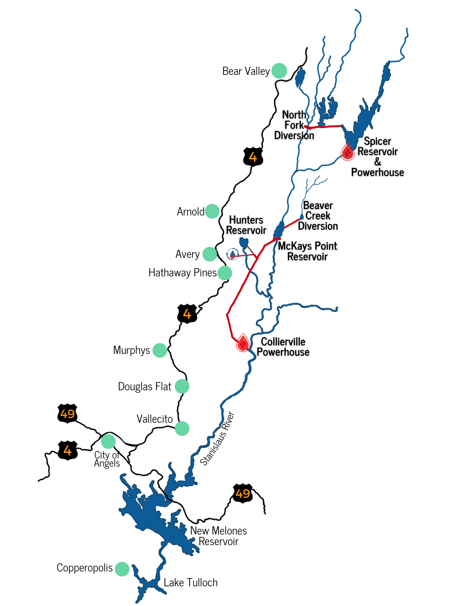 Map showing reservoirs, powerhouses, and towns along Stanislaus River with highways 4 and 49.