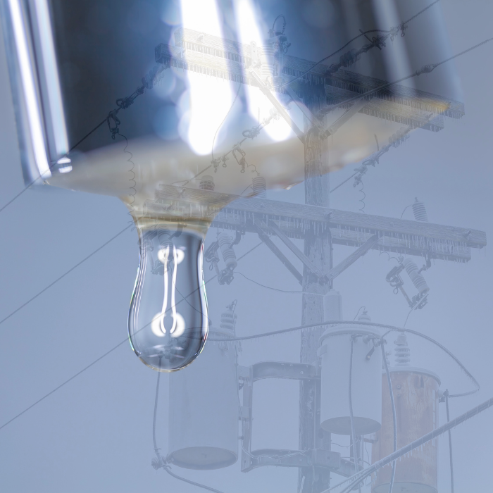 A composite image with an incandescent bulb and power lines, both symbolizing electricity and energy.