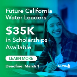 The image promotes $35K in scholarships for future California water leaders, with a deadline of March 1.