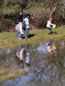 Family with kids playing near water, their reflections visible. Child holding a ball. Sunny day with grass and trees.