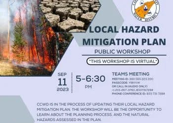 Flyer for a virtual Local Hazard Mitigation Plan workshop on September 11, 2023, discussing natural hazards and planning processes.