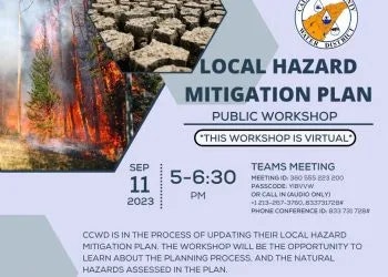 Flyer for a virtual Local Hazard Mitigation Plan workshop on September 11, 2023, discussing natural hazards and planning processes.