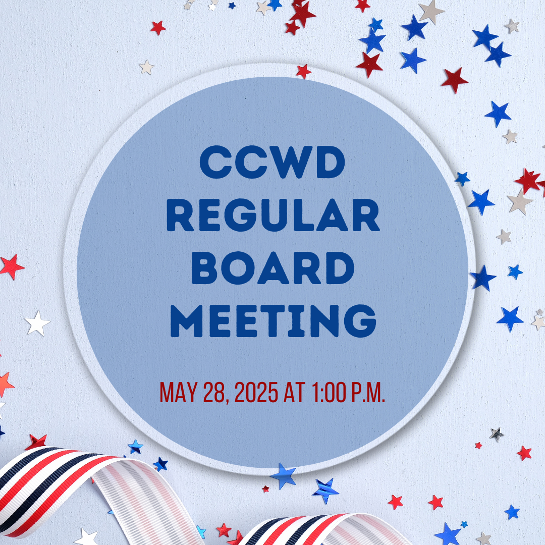 CCWD Regular Board Meeting: May 28, 2025, at 1:00 PM with a festive star and ribbon design.