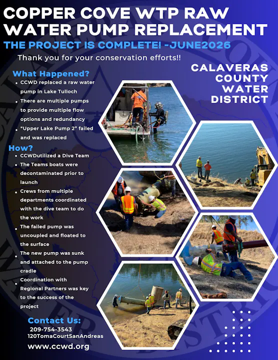 The image is an announcement about the completed replacement of a water pump at Copper Cove, highlighting project details and collaboration.