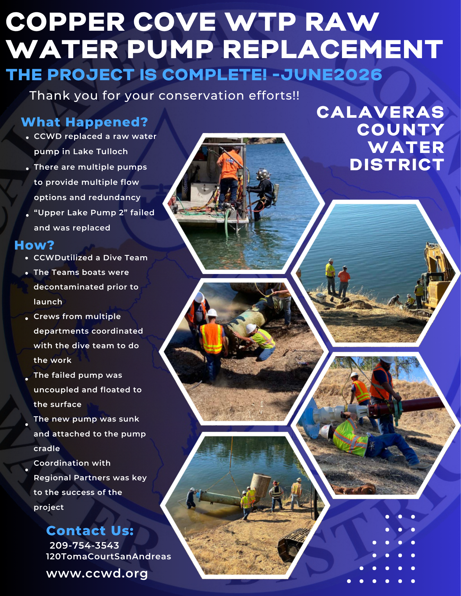 The image is an announcement about the completed replacement of a water pump at Copper Cove, highlighting project details and collaboration.