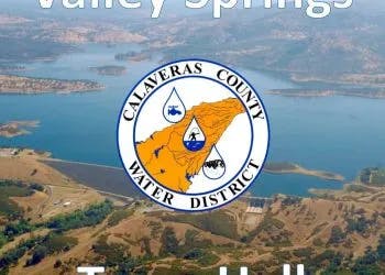 Aerial view of a landscape with a lake, overlaid by Calaveras County Water District logo.