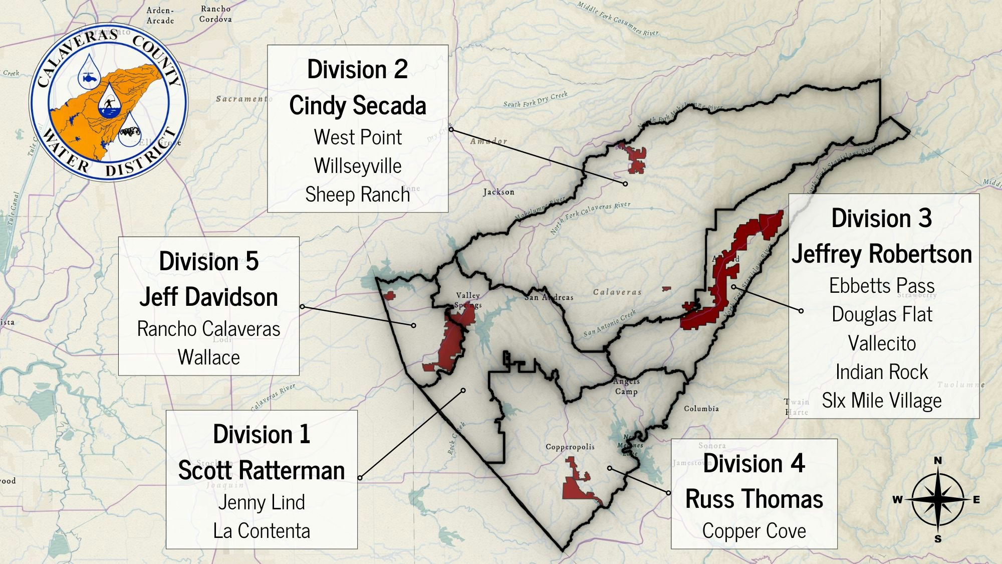 Map of Calaveras County Water District, showing divisions and representatives. Divisions are labeled with areas.