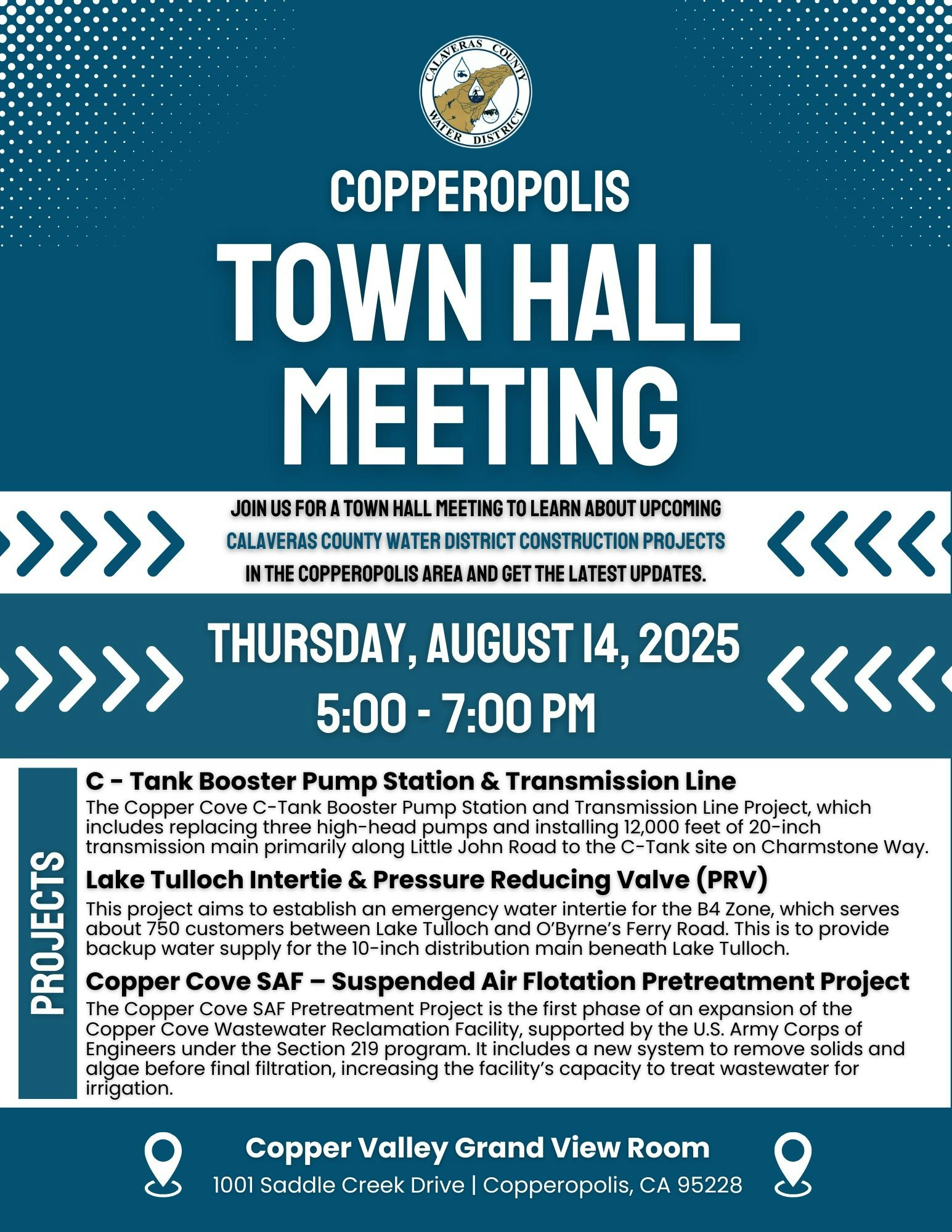 Town hall meeting on August 14, 2025, from 5-7 PM at Copper Valley Grand View Room about water district projects in Copperopolis.