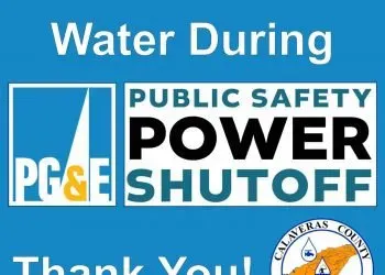 A sign about conserving water during a Public Safety Power Shutoff by PG&E, with the Calaveras County logo.